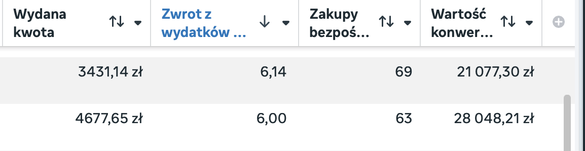 Wyniki kampanii Meta Ads, zwrot z wydatków 6,14